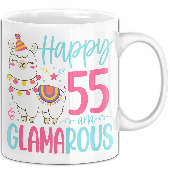 55er Geburtstag Tasse Geschenk Happy 55 And Glamarous Llama Alpaka Liebhaber Geschenkidee zum Geburtstag Weiß Trendation
