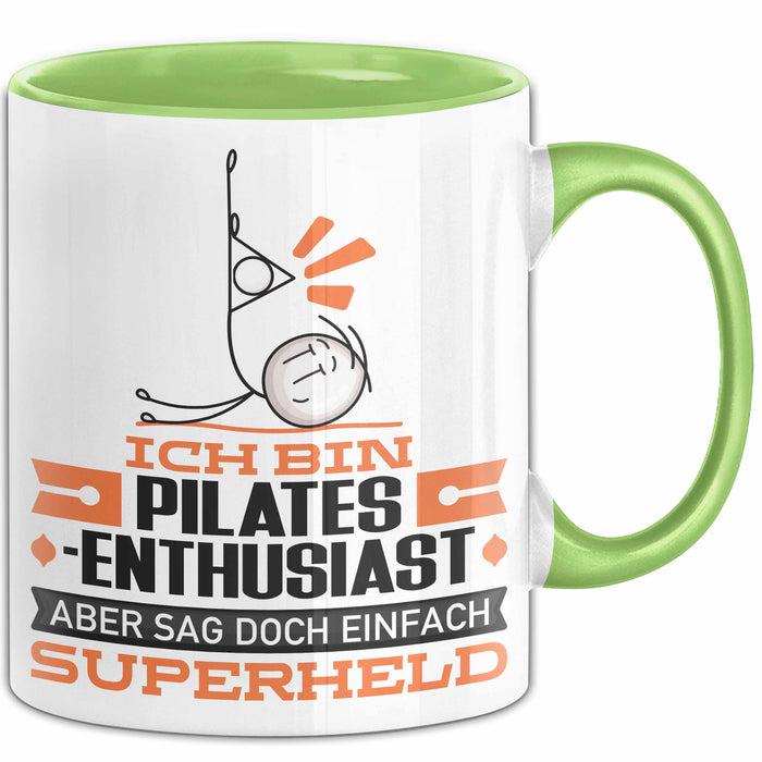 Pilates-Enthusiast Geschenk Tasse Ich Bin Pilates-Enthusiast Aber Sag Doch Einfach Superheld Lustige Geschenkdiee für Pilates-Enthusiast Kaffee-Becher Grün Trendation