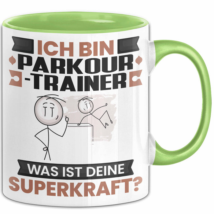 Parkour-Trainer Tasse Geschenk für Parkour-Trainer Geburtstag Lustiger Spruch Kaffee-Becher Was Ist Deine Superkraft Grün Trendation