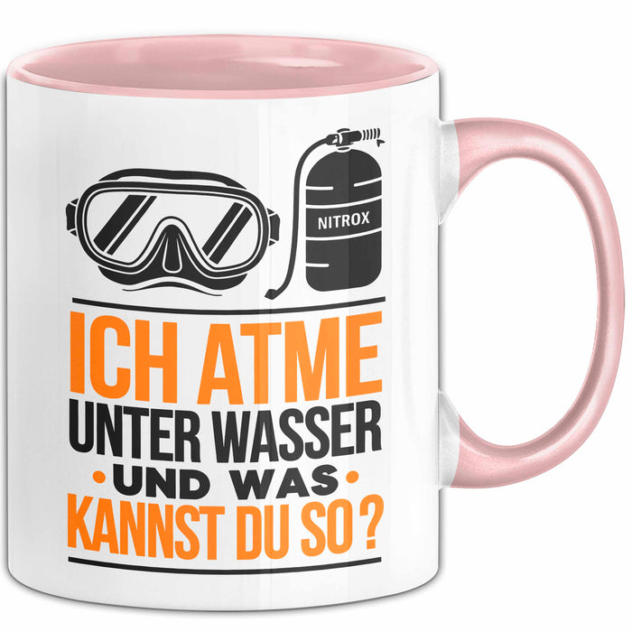 Taucher Tasse Geschenk Lustige Geschenkidee Spruch Ich Atme Unter Wasser Und Was Kannst Du Rosa Trendation