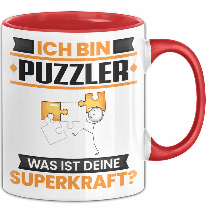 Puzzler Tasse Geschenk für Puzzler Geburtstag Lustiger Spruch Kaffee-Becher Was Ist Deine Superkraft Rot Trendation