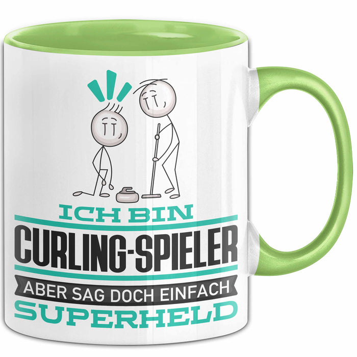 Curling-Spieler Geschenk Tasse Ich Bin Curling-Spieler Aber Sag Doch Einfach Superheld Lustige Geschenkdiee für Curling-Spieler Kaffee-Becher Grün Trendation