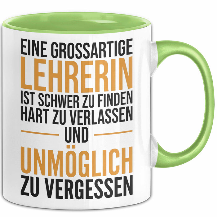Unterricht Lehrer Wertschätzung Tasse Geschenk Lustige Geschenkidee Spruch Eine Grossartige Lehrerin Ist Schwer Zu Finden Grün Trendation
