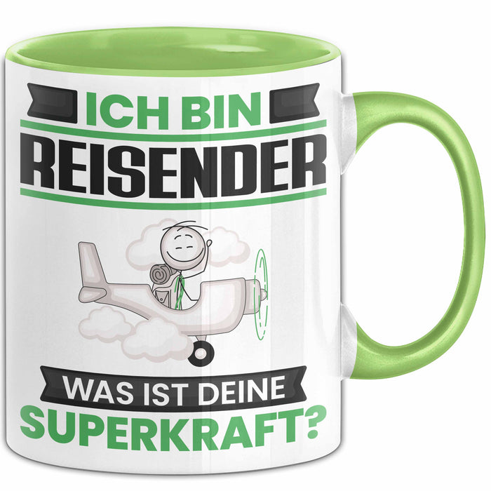 Reisender Tasse Geschenk für Reisender Geburtstag Lustiger Spruch Kaffee-Becher Was Ist Deine Superkraft Grün Trendation
