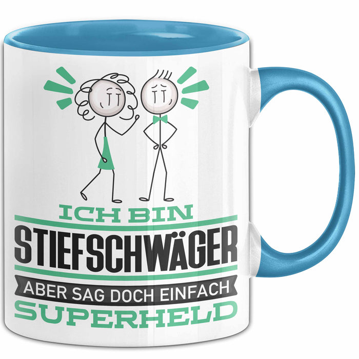 Stiefschwäger Geschenk Tasse Ich Bin Stiefschwäger Aber Sag Doch Einfach Superheld Lustige Geschenkdiee für Stiefschwäger Kaffee-Becher Blau Trendation