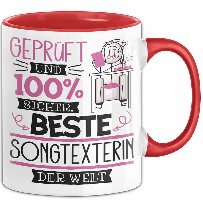 Beste Songtexterin Der Welt Tasse Geschenk für Eine Songtexterin Geprüft Und Sicher Geschenkidee Geburtstag Weihnachten Rot Trendation