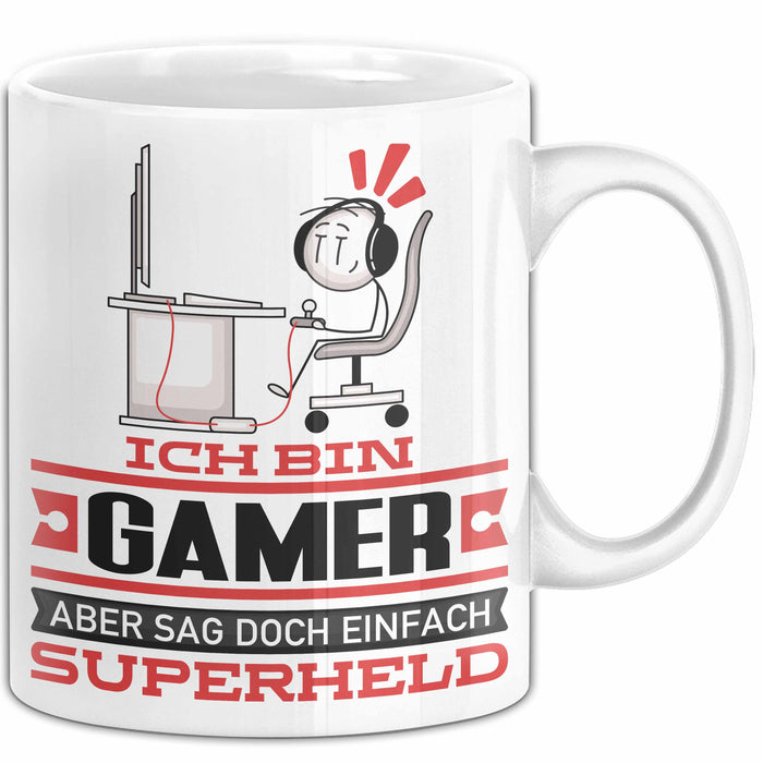 Gamer Geschenk Tasse Ich Bin Gamer Aber Sag Doch Einfach Superheld Lustige Geschenkdiee für Gamer Kaffee-Becher Weiß Trendation