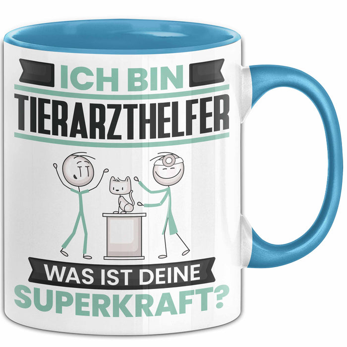 Tierarzthelfer Tasse Geschenk für Tierarzthelfer Geburtstag Lustiger Spruch Kaffee-Becher Was Ist Deine Superkraft Blau Trendation