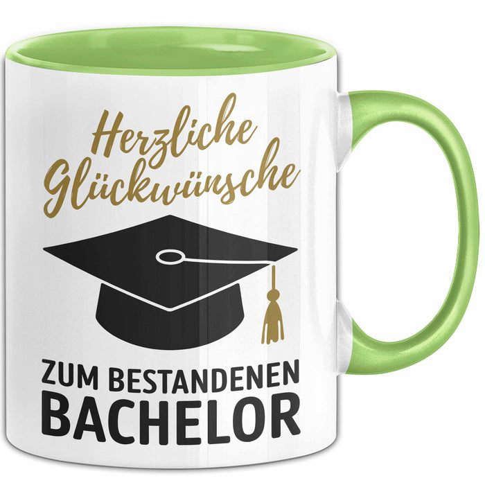 Schüler Abschluss Tasse Geschenk Lustige Geschenkidee Spruch Herzliche Glückwünsche Zum Bestandenen Bachelor Grün Trendation