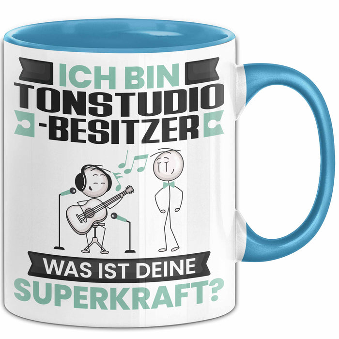 Tonstudio-Besitzer Tasse Geschenk für Tonstudio-Besitzer Geburtstag Lustiger Spruch Kaffee-Becher Was Ist Deine Superkraft Blau Trendation