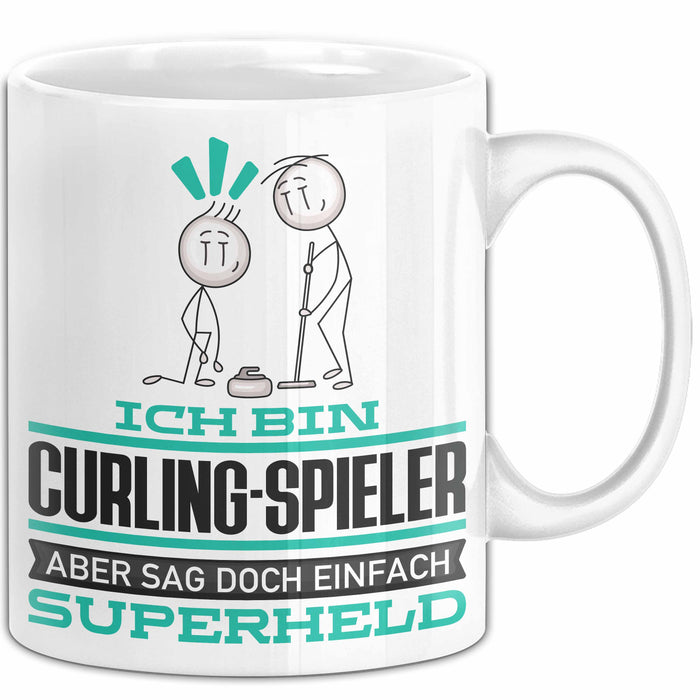 Curling-Spieler Geschenk Tasse Ich Bin Curling-Spieler Aber Sag Doch Einfach Superheld Lustige Geschenkdiee für Curling-Spieler Kaffee-Becher Weiß Trendation
