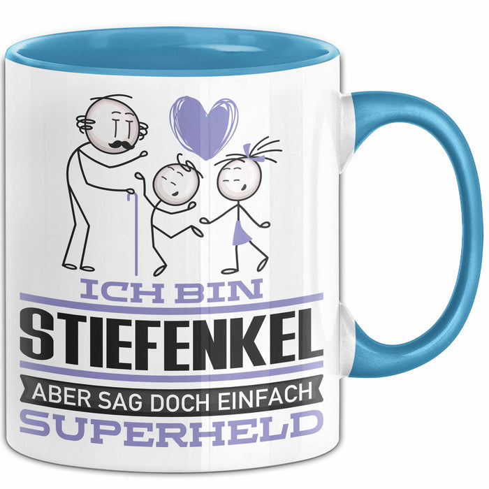 Stiefenkel Geschenk Tasse Ich Bin Stiefenkel Aber Sag Doch Einfach Superheld Lustige Geschenkdiee für Stiefenkel Kaffee-Becher Blau Trendation