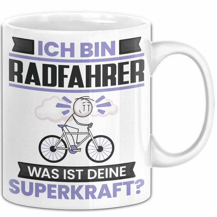 Radfahrer Tasse Geschenk für Radfahrer Geburtstag Lustiger Spruch Kaffee-Becher Was Ist Deine Superkraft Weiß Trendation
