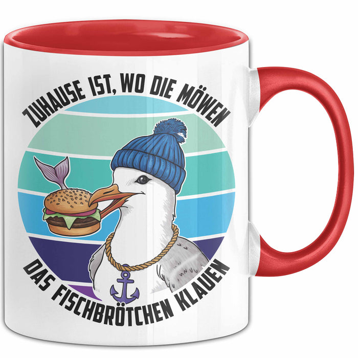 Nordsee Tasse Geschenk Zuhause Ist Wo Die Möwen Das Fischbrötchen Klauen Geschenkidee Sylt Norderney Rot Trendation