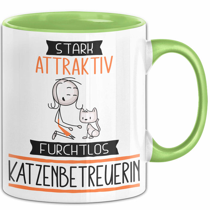 Katzenbetreuerin Tasse Geschenk Becher Stark Attraktiv Furchtlos Katzenbetreuerin Lustige Geschenkidee Grün Trendation