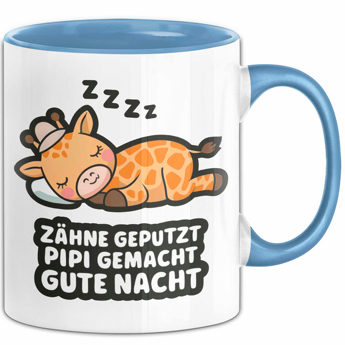 Schlafende Giraffe Tasse Geschenk Lustige Geschenkidee Spruch Zähne Geputzt Pipi Gemacht Gute Nacht Blau Trendation