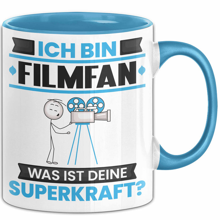 Filmfan Tasse Geschenk für Filmfan Geburtstag Lustiger Spruch Kaffee-Becher Was Ist Deine Superkraft Blau Trendation