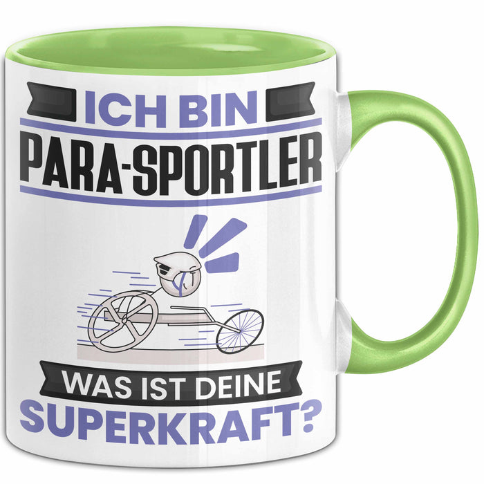 Para-Sportler Tasse Geschenk für Para-Sportler Geburtstag Lustiger Spruch Kaffee-Becher Was Ist Deine Superkraft Grün Trendation