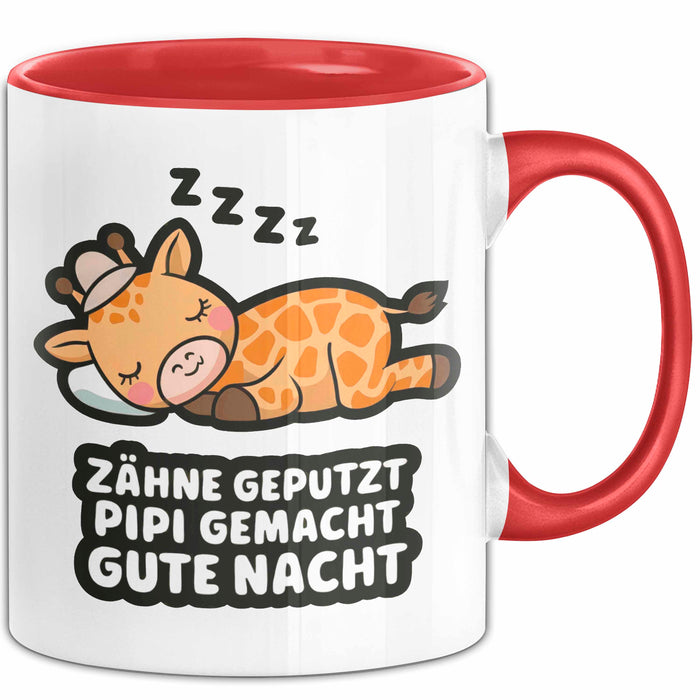 Schlafende Giraffe Tasse Geschenk Lustige Geschenkidee Spruch Zähne Geputzt Pipi Gemacht Gute Nacht Rot Trendation