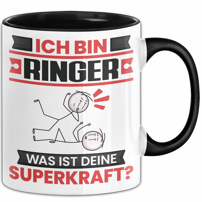 Ringer Tasse Geschenk für Ringer Geburtstag Lustiger Spruch Kaffee-Becher Was Ist Deine Superkraft Schwarz Trendation