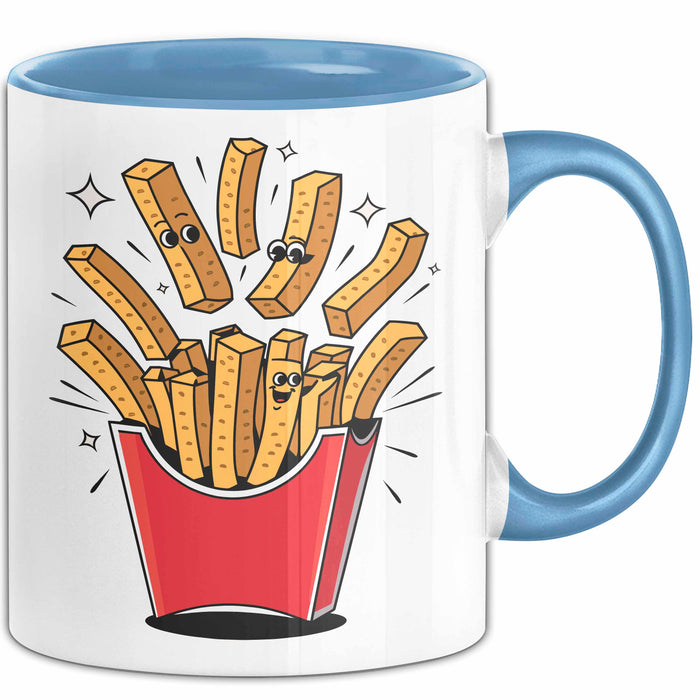 Fast Food Fan Tasse Geschenkidee Burger und Pommes Liebhaber Blau Trendation