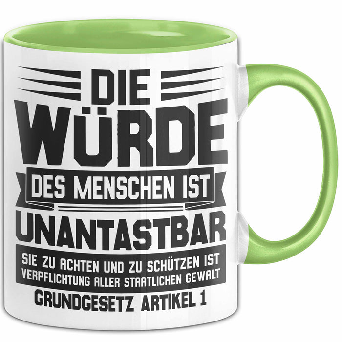 Jura Tasse Geschenk Die Würde Des Menschen Ist Unantastbar Geschenkidee Jurist Juristin Anwalt Becher Grün Trendation