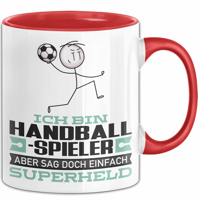Handballspieler Geschenk Tasse Ich Bin Handballspieler Aber Sag Doch Einfach Superheld Lustige Geschenkdiee für Handballspieler Kaffee-Becher Rot Trendation