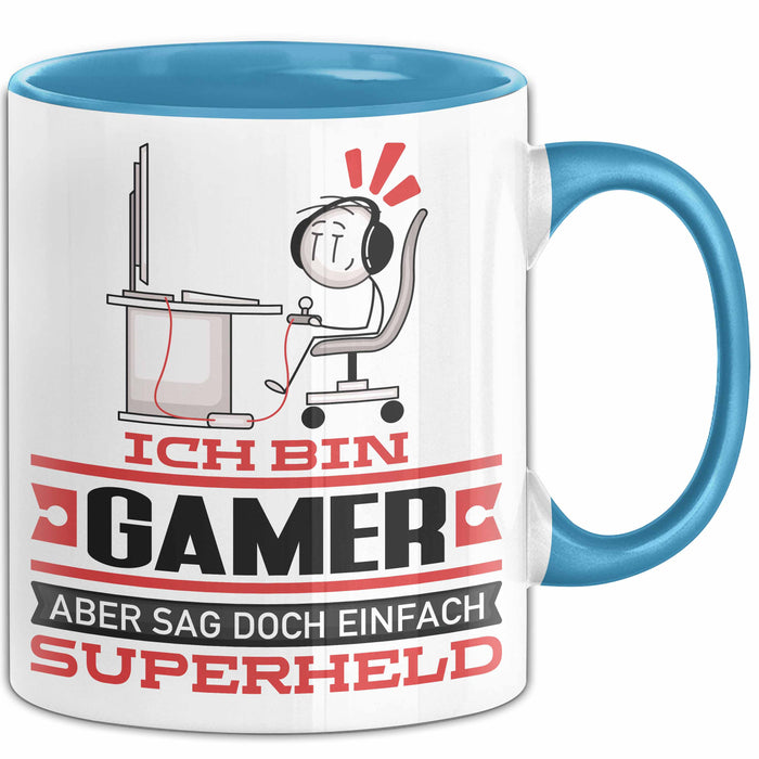 Gamer Geschenk Tasse Ich Bin Gamer Aber Sag Doch Einfach Superheld Lustige Geschenkdiee für Gamer Kaffee-Becher Blau Trendation