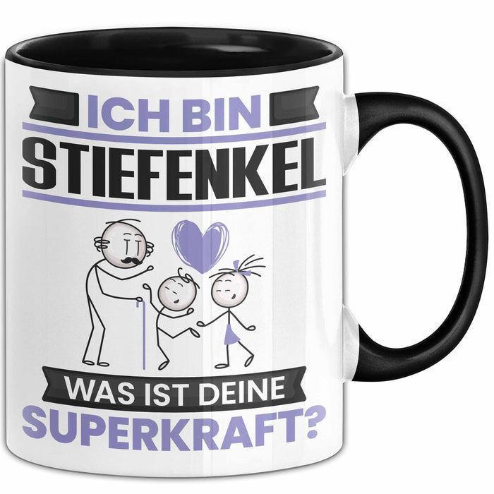 Stiefenkel Tasse Geschenk für Stiefenkel Geburtstag Lustiger Spruch Kaffee-Becher Was Ist Deine Superkraft Schwarz Trendation