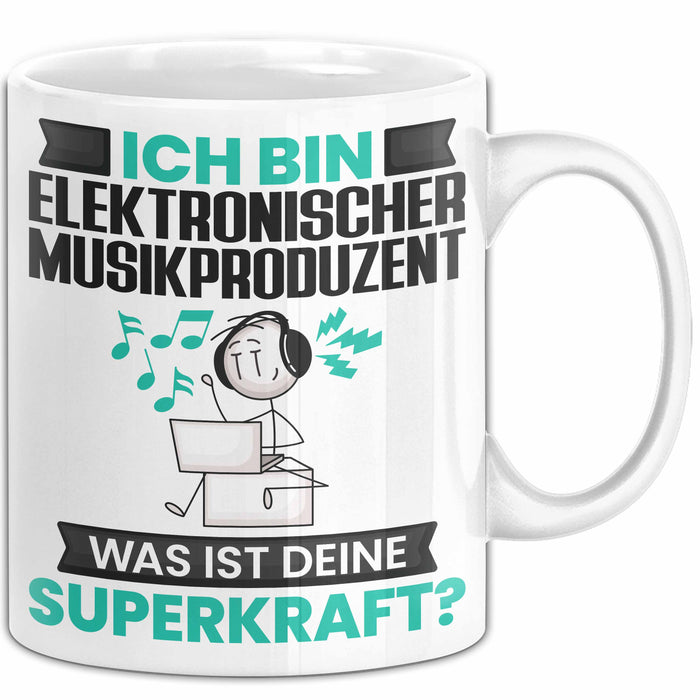Elektronischer Musikproduzent Tasse Geschenk für Elektronischer Musikproduzent Geburtstag Lustiger Spruch Kaffee-Becher Was Ist Deine Superkraft Weiß Trendation