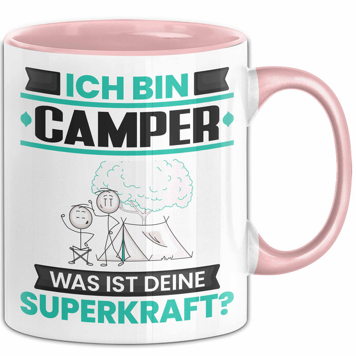 Camper Tasse Geschenk für Camper Geburtstag Lustiger Spruch Kaffee-Becher Was Ist Deine Superkraft Rosa Trendation