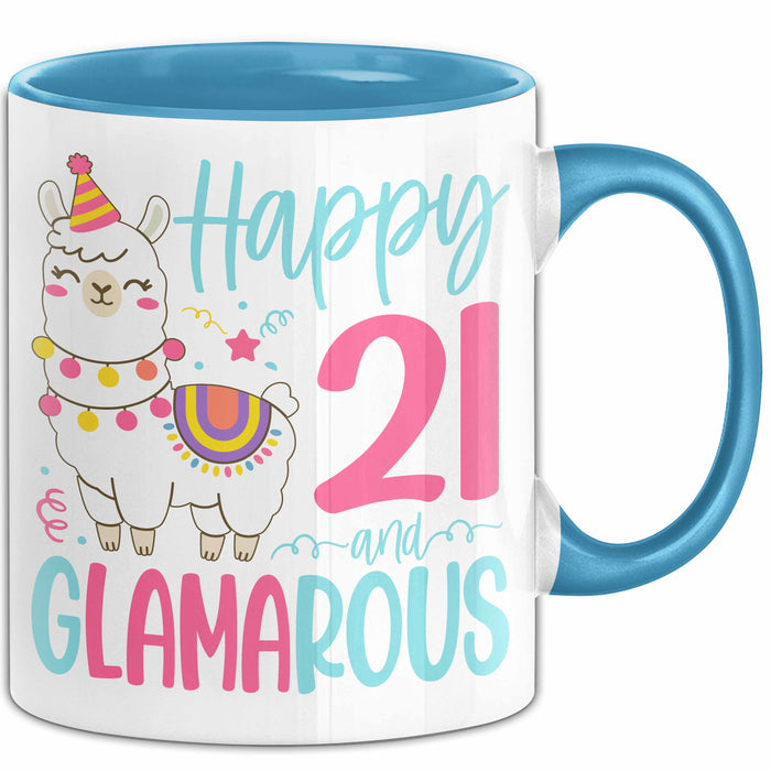21er Geburtstag Tasse Geschenk Happy 21 And Glamarous Llama Alpaka Liebhaber Geschenkidee zum Geburtstag Blau Trendation