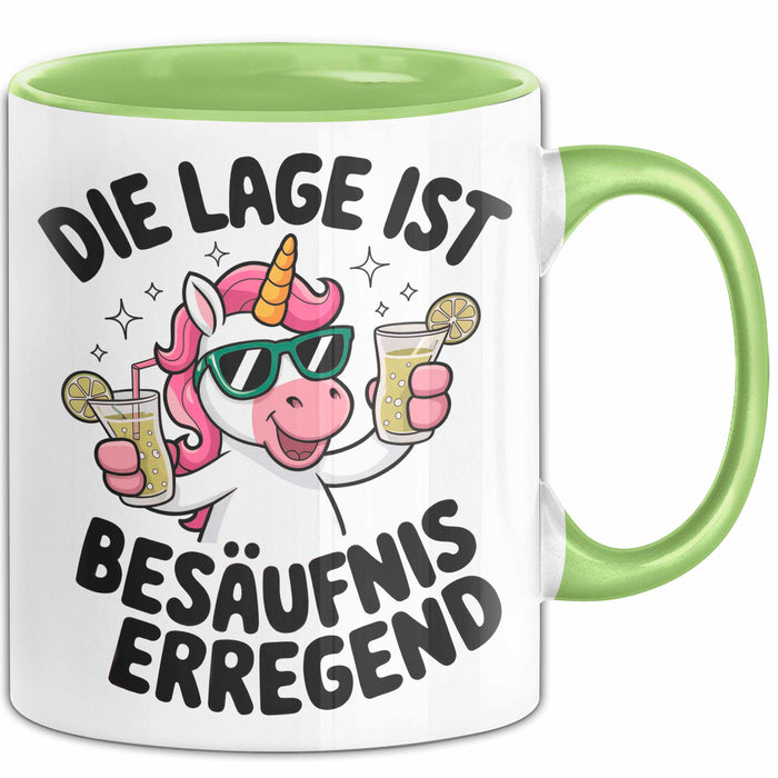 Einhorn Trinken Liebhaber Sarkasmus Tasse Becher Geschenk Lustige Geschenkidee Spruch Die Lage Ist Besäufniserregend Grün Trendation