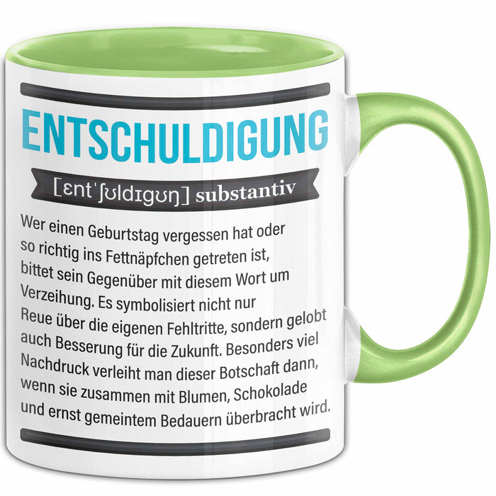Entschuldigung Geschenk Tasse Es Tut Mir Leid Geburtstag Vergessen Nachträgliches Geschenk Becher Grün Trendation
