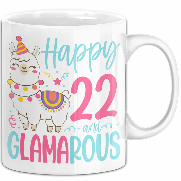 22er Geburtstag Tasse Geschenk Happy 22 And Glamarous Llama Alpaka Liebhaber Geschenkidee zum Geburtstag Weiß Trendation