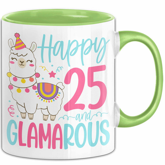 25er Geburtstag Tasse Geschenk Happy 25 And Glamarous Llama Alpaka Liebhaber Geschenkidee zum Geburtstag Grün Trendation