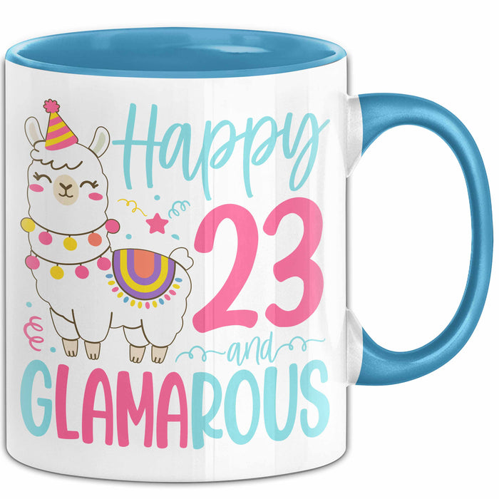 23er Geburtstag Tasse Geschenk Happy 23 And Glamarous Llama Alpaka Liebhaber Geschenkidee zum Geburtstag Blau Trendation