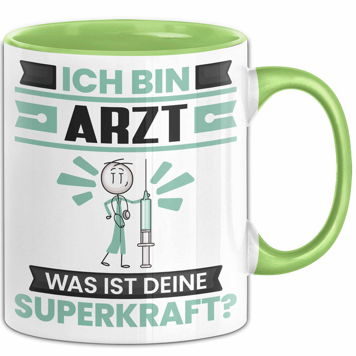 Arzt Tasse Geschenk für Arzt Geburtstag Lustiger Spruch Kaffee-Becher Was Ist Deine Superkraft Grün Trendation