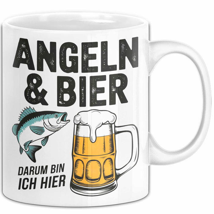 Angeln Fischer Bierliebhaber Tasse Geschenk Lustige Geschenkidee Spruch Angeln Und Bier Darum Bin Ich Hier Weiß Trendation