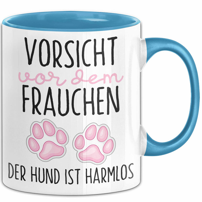 Hundeliebhaber Tasse Geschenk Lustiger Spruch Vorsicht Vor Dem Frauchen Blau Trendation