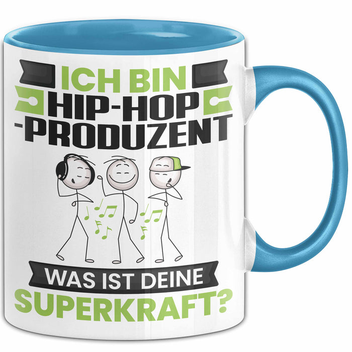 Hip-Hop-Produzent Tasse Geschenk für Hip-Hop-Produzent Geburtstag Lustiger Spruch Kaffee-Becher Was Ist Deine Superkraft Blau Trendation