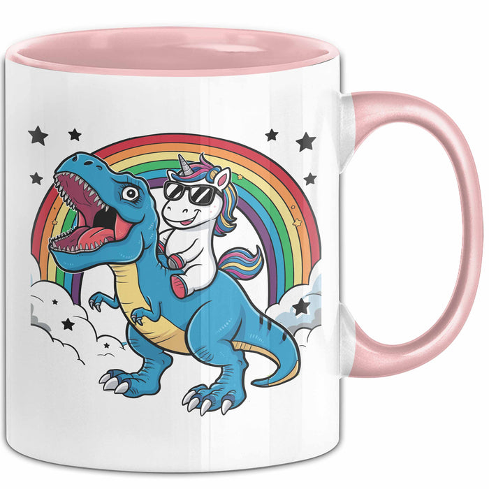 Einhorn Liebhaber Tasse Geschenk Einhorn Reitet Auf Dinosauriere T-Rex Dino Frauen Geschenk Rosa Trendation