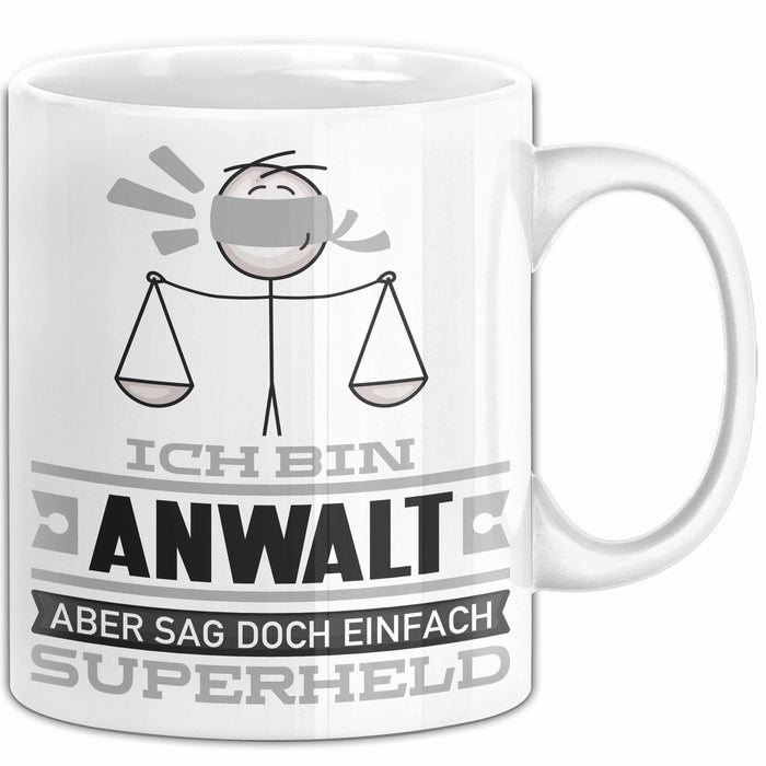 Anwalt Geschenk Tasse Ich Bin Anwalt Aber Sag Doch Einfach Superheld Lustige Geschenkdiee für Anwalt Kaffee-Becher Weiß Trendation