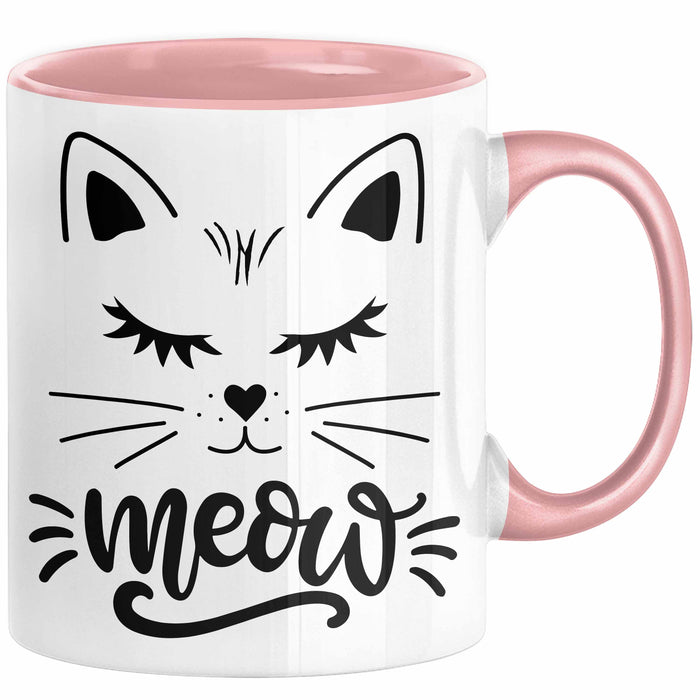 Katzen-Besitzerin Tasse Geschenk Meow Katze Geschenkidee Miau Katzen Mama Kaffee-Becher Rosa Trendation