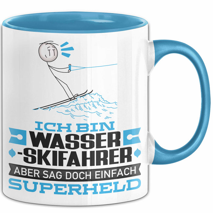 Wasserskifahrer Geschenk Tasse Ich Bin Wasserskifahrer Aber Sag Doch Einfach Superheld Lustige Geschenkdiee für Wasserskifahrer Kaffee-Becher Blau Trendation