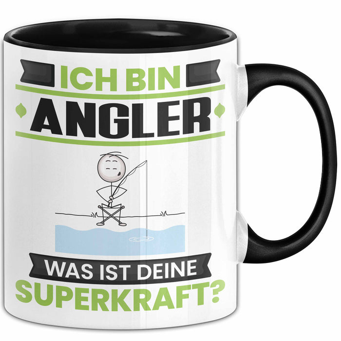 Angler Tasse Geschenk für Angler Geburtstag Lustiger Spruch Kaffee-Becher Was Ist Deine Superkraft Schwarz Trendation