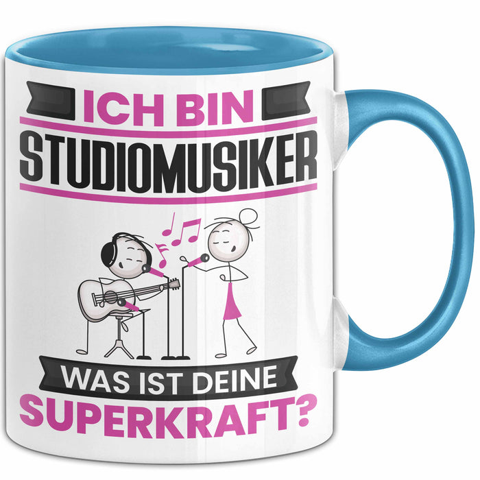 Studiomusiker Tasse Geschenk für Studiomusiker Geburtstag Lustiger Spruch Kaffee-Becher Was Ist Deine Superkraft Blau Trendation