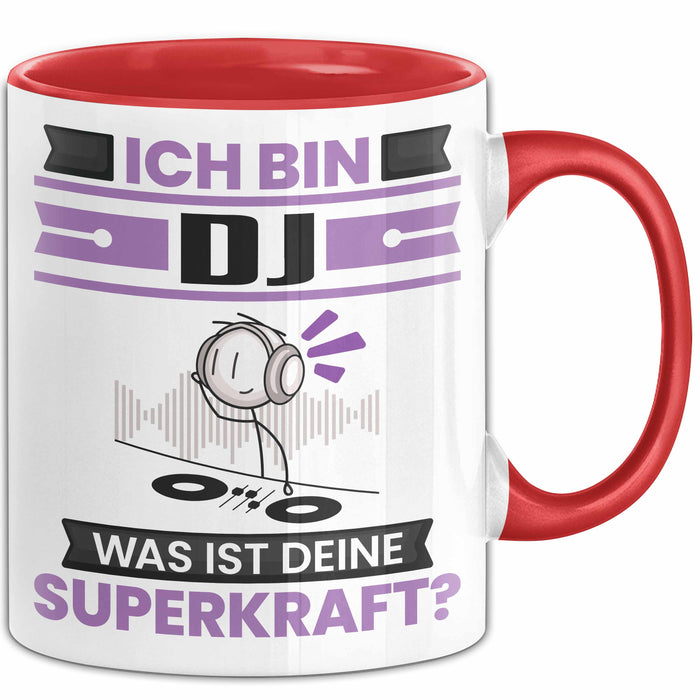 DJ Tasse Geschenk für DJ Geburtstag Lustiger Spruch Kaffee-Becher Was Ist Deine Superkraft Rot Trendation