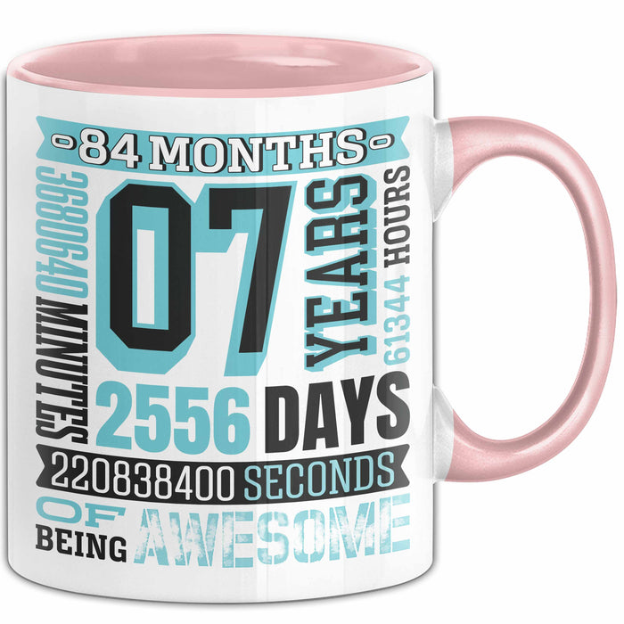 Tasse 07 Jahre Jubiläum Design mit Zeitangaben, Geschenkidee Rosa Trendation