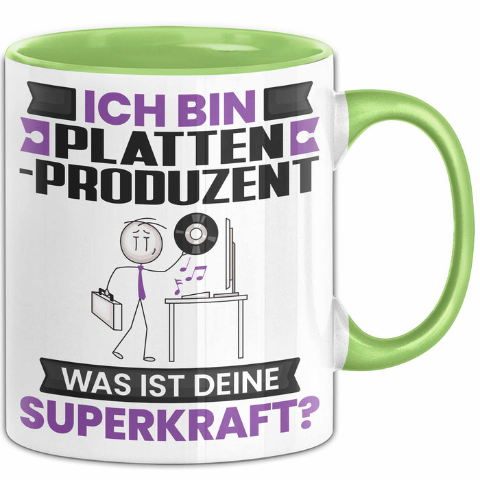 Plattenproduzent Tasse Geschenk für Plattenproduzent Geburtstag Lustiger Spruch Kaffee-Becher Was Ist Deine Superkraft Grün Trendation